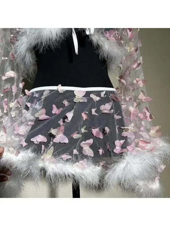 Fairycore Butterfly Mesh Set Coquette Angel Y2K Sheer Fur Trim Rave Festival - Picture 3 of 6